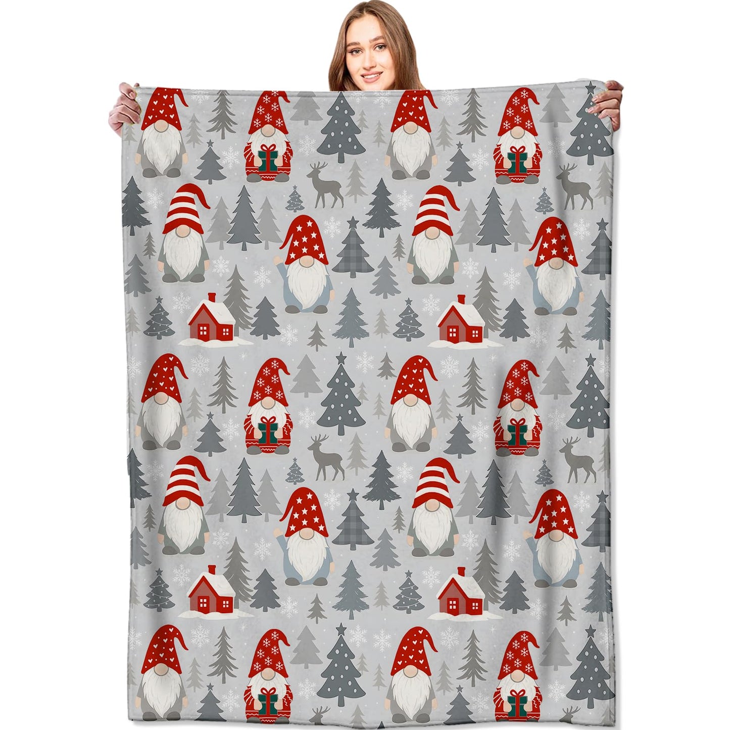 VODRM Gnome Blanket Christmas Nordic Holiday Decor Cute Xmas Throw Gifts for Kids Adults Lightweight Fleece Red Hat Cabin Snowy Tree Reindeer Blankets for Festive Winter Decoration 60x80in