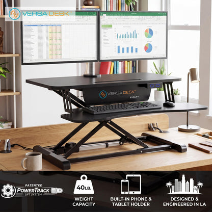 VERSADESK EvoLift 32" Electric Standing Desk Converter, Sit to Stand Motorized Desk Riser, 1-Button Easy Lift, Dual Monitor Workstation, Wide Keyboard Tray, Built-in Device Stand, Black
