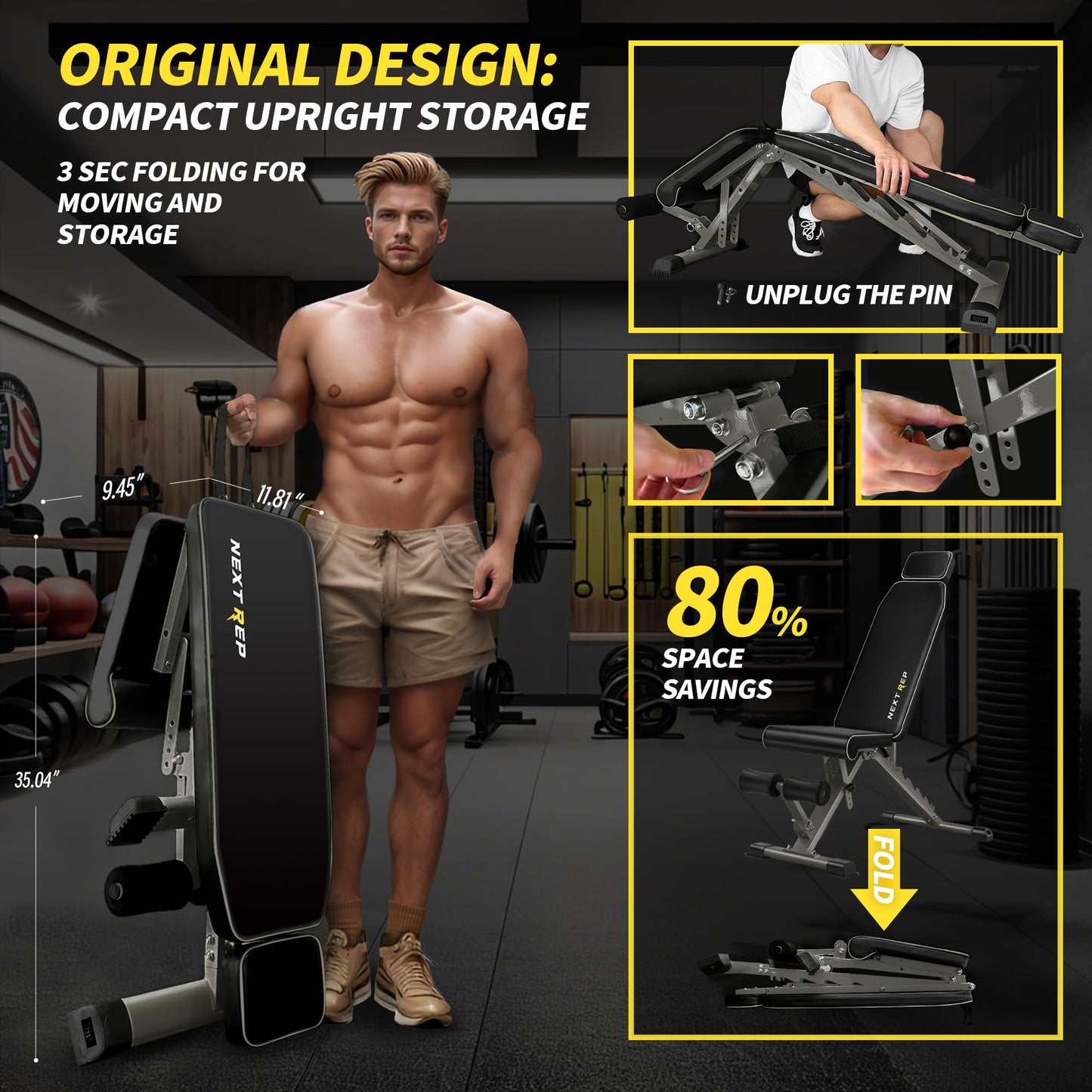 Adjustable Weight Bench,1000 LB Fast Folding Workout Bench for Home Gym Strength Training, Incline Decline Flat Utility Bench Press for Full Body Workout, Upright Storage Yellow Exercise Bench (Grey)