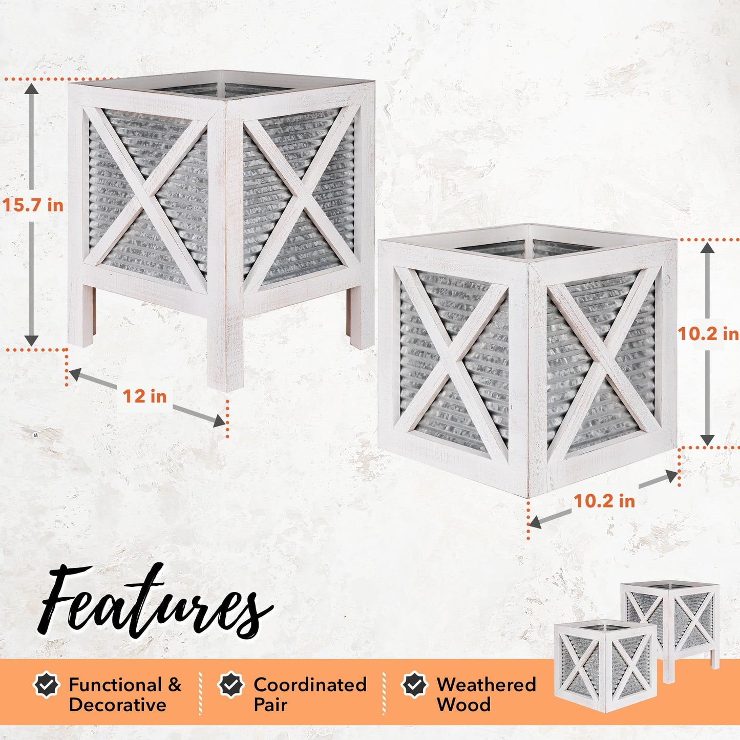 Autumn Alley Farmhouse Front Porch Planters Set of 2 Stand with Galvanized Corrugated Metal Planter for Outdoors/Indoors - Rustic Wood Square Planters Box on Legs – Charming Farmhouse Décor, White