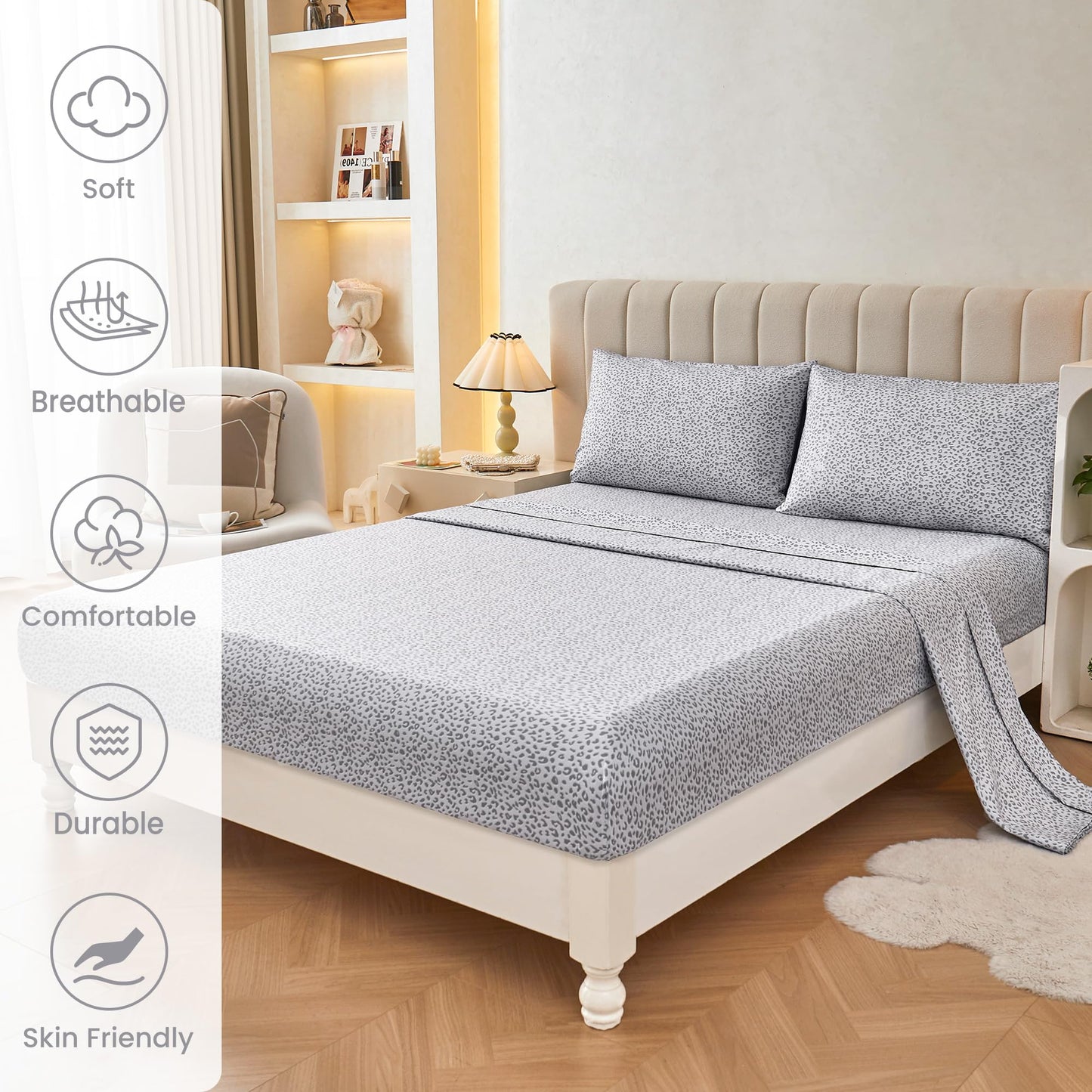 Mooreeke Leopard Cheetah Printed Full Bed Sheets, Soft Microfiber Bedding Sheets & Pillowcases, Deep Pocket Non-Slip Fitted Full Sheet, Silver Grey Animal Pattern Bedsheets
