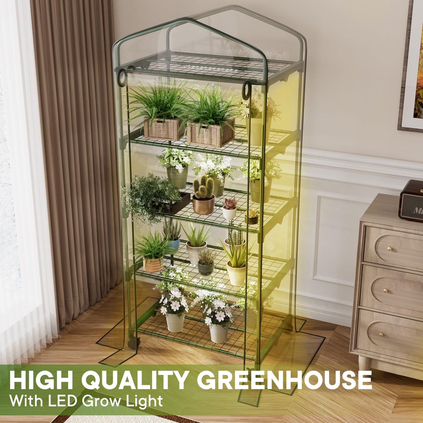 Indoor Greenhouse with Grow Lights & Wheels, 4 Tier Wire Shelf PVC Tent Portable Mini Green House Cabinet Kit for Plant Seed Starting Mushroom Grow