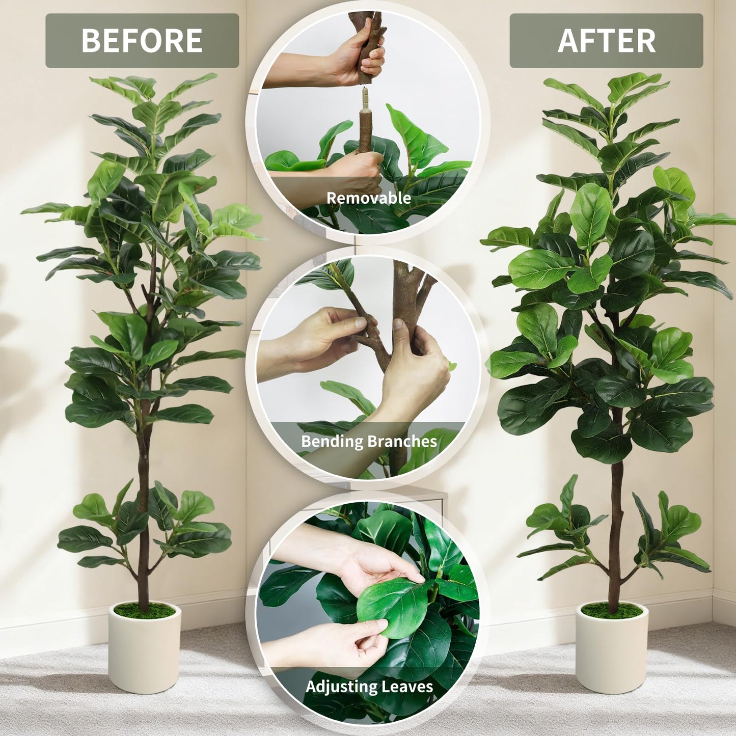 5FT Artificial Fiddle Leaf Fig Tree with White Planter & Fake Moss, Realistic Faux Ficus Lyrata Floor Plant for Indoor Home Office Decor, Housewarming Gift