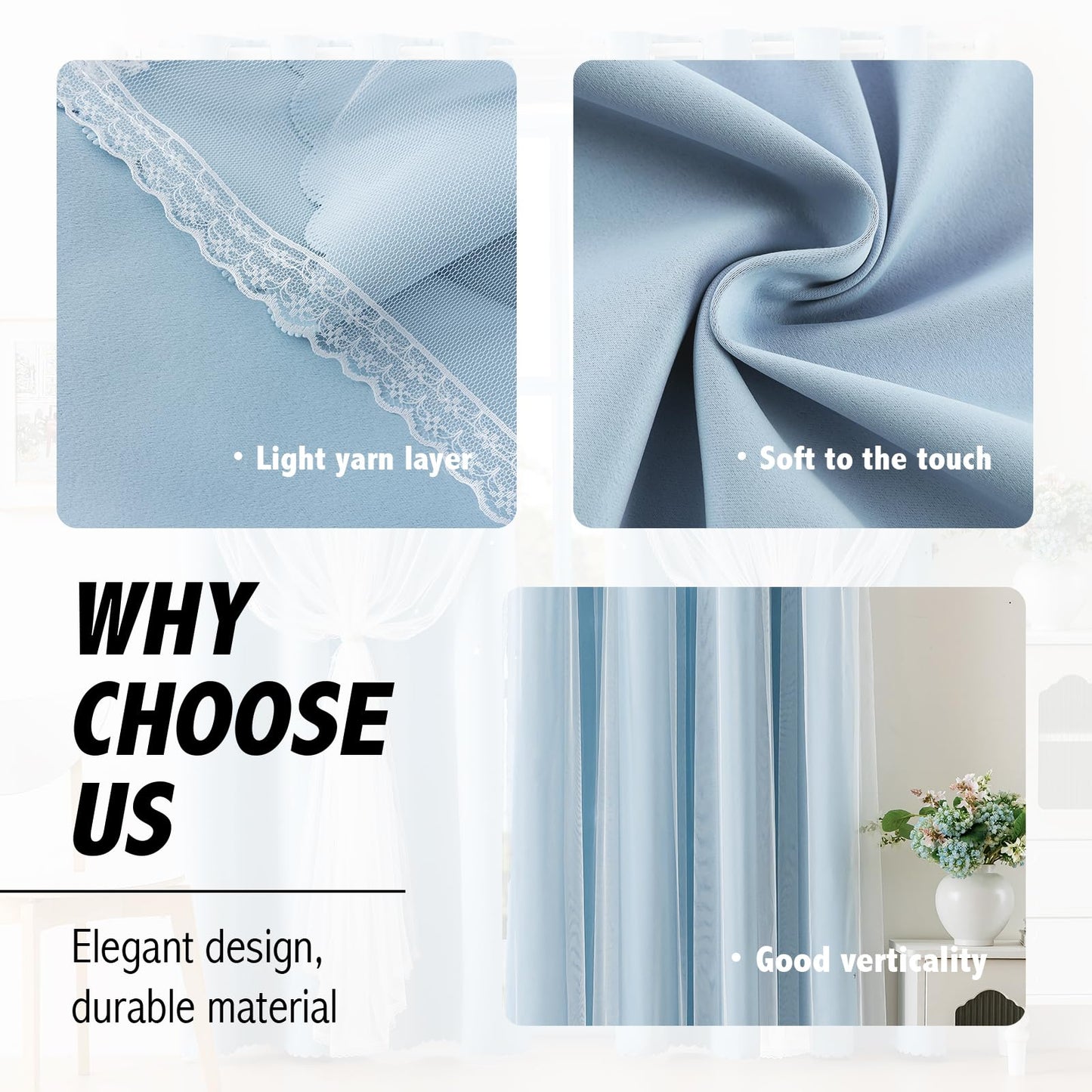 Anytime Home Curtains Blackout and Sheer Layered Solid Window Curtain Panel Pair with Grommet Top, 35Wx90L，Sky Blue