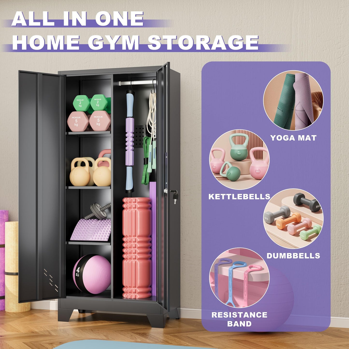 VASAAOSD 61IN Home Gym Storage Cabinet for Kettlebells, Yoga Mat and Balls, Workout Equipment Storage Organizer with Lock Doors, Dumbbell Rack Cabinet, Weight Rack for Dumbbells