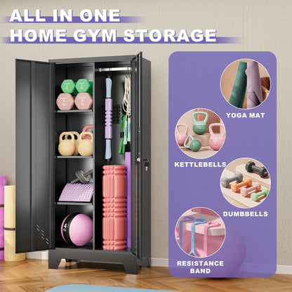 VASAAOSD 61IN Home Gym Storage Cabinet for Kettlebells, Yoga Mat and Balls, Workout Equipment Storage Organizer with Lock Doors, Dumbbell Rack Cabinet, Weight Rack for Dumbbells