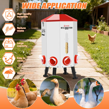 70lbs - 80lbs Large Automatic Chicken Feeder, Adjustable Stand, 8 Feeding Ports, Viewing Window, Sloped Roof Rain Protection Design