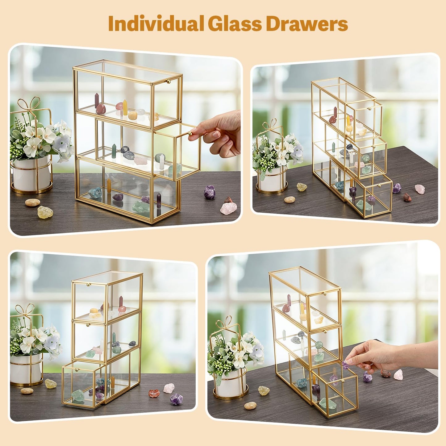 JUXYES Tabletop Brass Glass Rock Display Case with 3 Drawers - Modern Clear Rocks Collections Display Case Box - Gold Dust Proof Case Small Shelf for Collectible, Mineral Crystal, Rock, Stones