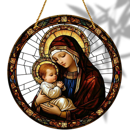 8x8 inch Charming Madonna and Child Acrylic Stained Glass Window Hanging Sun Catcher Decor Stained Panel Hangings Wall Art Decor, for Friends and Family (Madonna and Child)