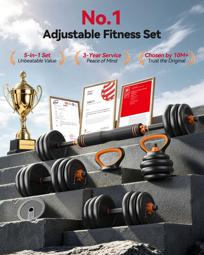 FEIERDUN Adjustable Dumbbells, 20lbs Free Weight Set with Connector, 4 in1 Dumbbells Set Used as Barbell, Kettlebells, Push up Stand, Fitness Exercises for Home Gym Suitable Men/Women