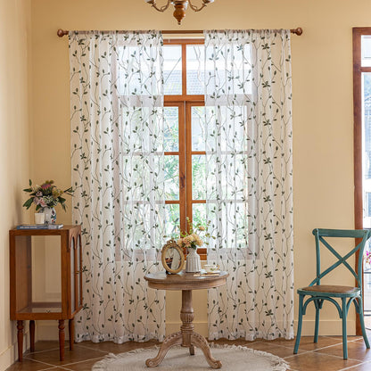 AmHoo 2 Panels Embroidered Leaf Pattern Semi Sheer Curtains Foliage Floral Voile Window Draperies Treatment for Bedroom Living Room Rod Pocket White Sage Green 53 x 84 Inch