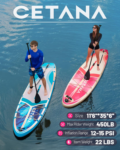 CETANA 11'6×35" Extra Wide Inflatable Paddle Board,Stand Up Paddle Board for Beginner,450lb Capacity SUP for Family with Safety Leash,100L Bag,3 Removable Fins,Dual-Action Pump& Floating Paddle