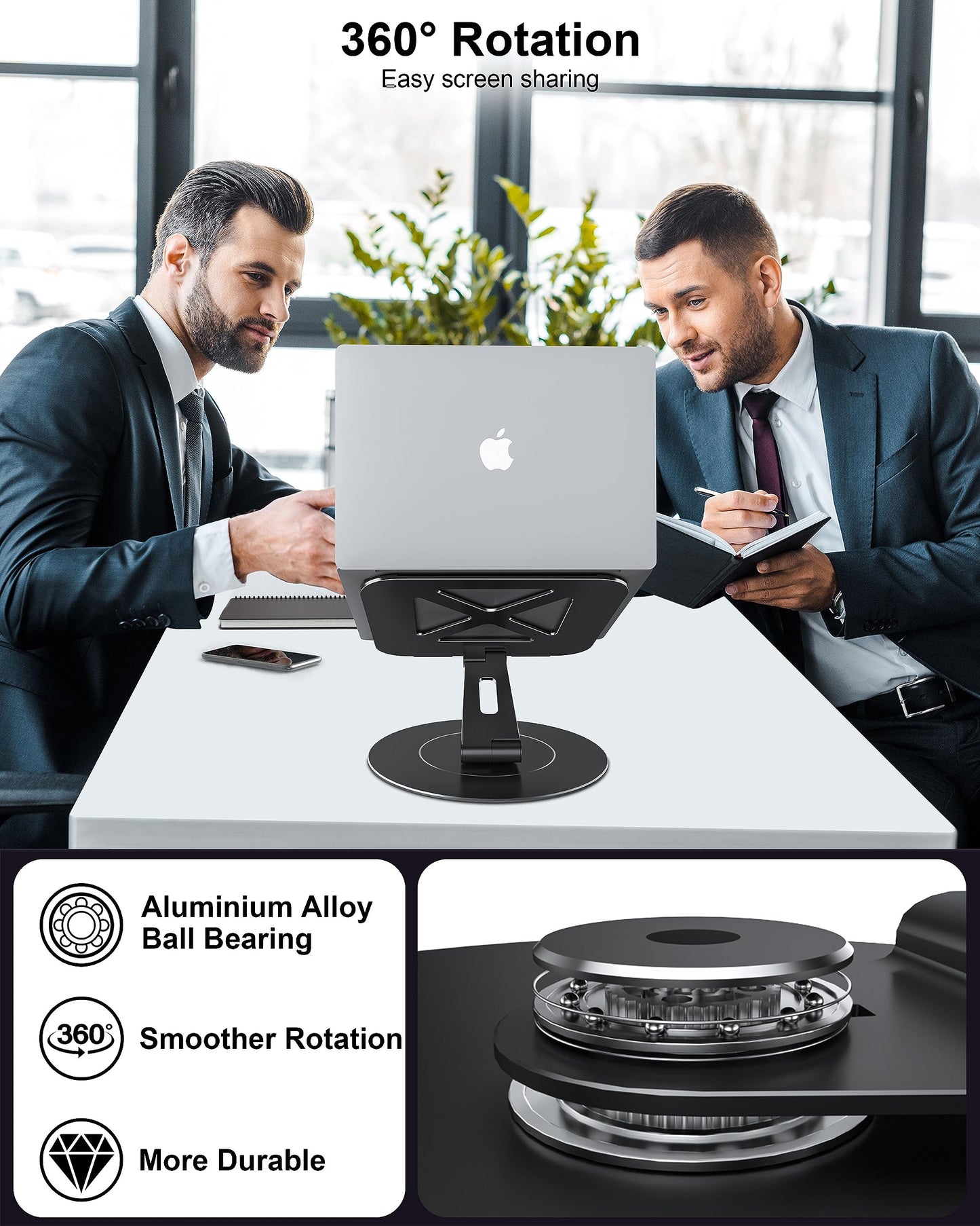 Adjustable Laptop Stand, Computer Stand with 360 Rotating Base, Ergonomic Laptop Riser Mount for Desk Foldable Protable Computer Desk Fits with MacBook Pro Air (10-16") - Black