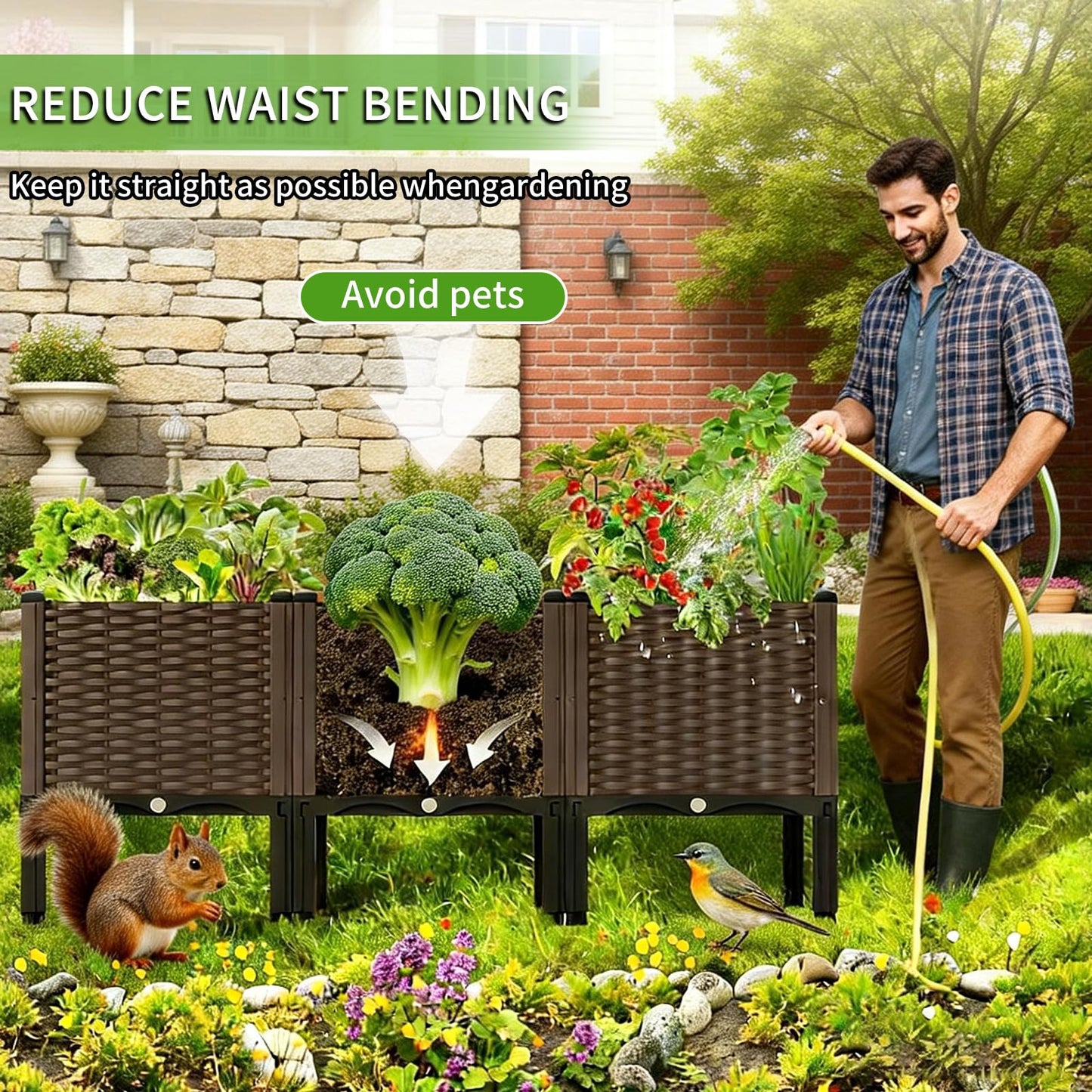 DYNAAGE Outdoor Planter Raised Bed, Garden Terrace Balcony Planting Rack, Drainage Holes, Detachable, Modular Assembly, 300-lb Capacity, Durable, Ideal for Vegetables, Flowers, and Herbs(Shallow-2)