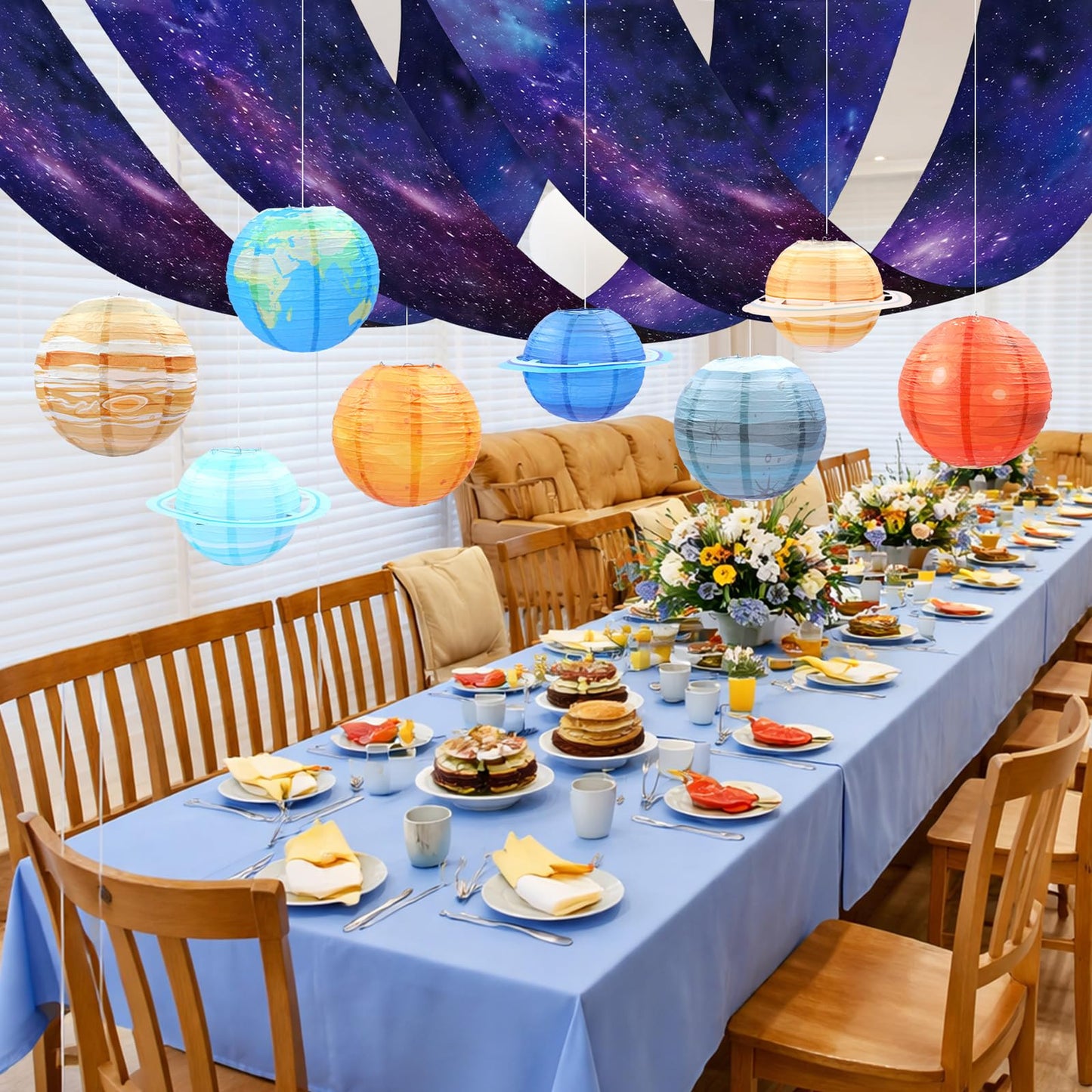 Tingjoo 13 Pcs Space Galaxy Ceiling Decorations for 2026 Vbs Space Themed Classroom Decor 12 x 2 ft Hanging Backdrop, 8 Solar System Lanterns & Star Foil Fringe Curtains Ornament for Party Decorations