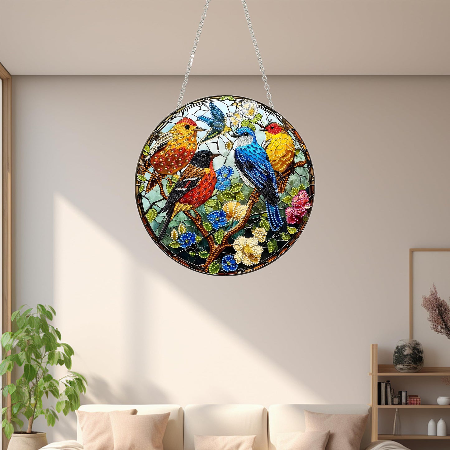 DIY Diamond Art Painting Wreath Kits，Special Shaped Rhinestone Hanging Ornament Diamond Art Window Pendants for Gift Home Garden Wall Hanging Kits,Double Sided (Bird-1)