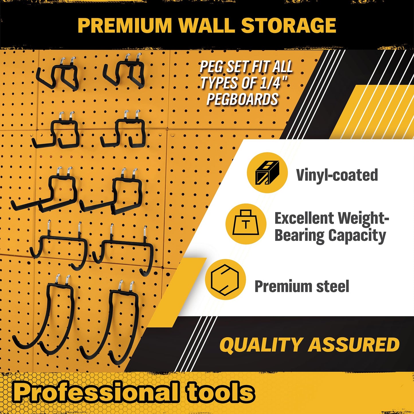 ELEAD 12-Piece Pegboard Hooks with Extension Straps, Heavy Duty Organizer Pegboard Accessories Fit for 1/4" Pegboard, Peg Board Tool Utility Hangers for Power Tool, Drill, Bag, Cord