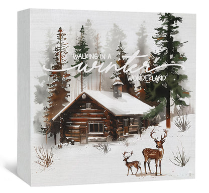 Nitelat Winter Sign, Winter Christmas Reindeer Wooden Box Sign, Farmhouse Xmas Decorations, Wonderland Decorations, Christmas Wood Signs for Home Office Desk Table Shelf Decor, 5x5 Inch
