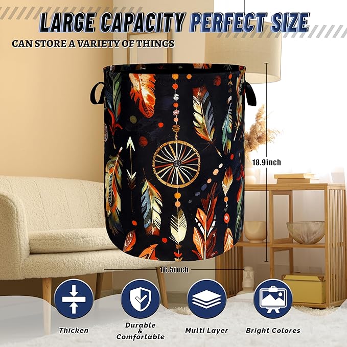 Boho Feather Printed Laundry Basket Foldable Oxford Cloth Colorful Laundry
