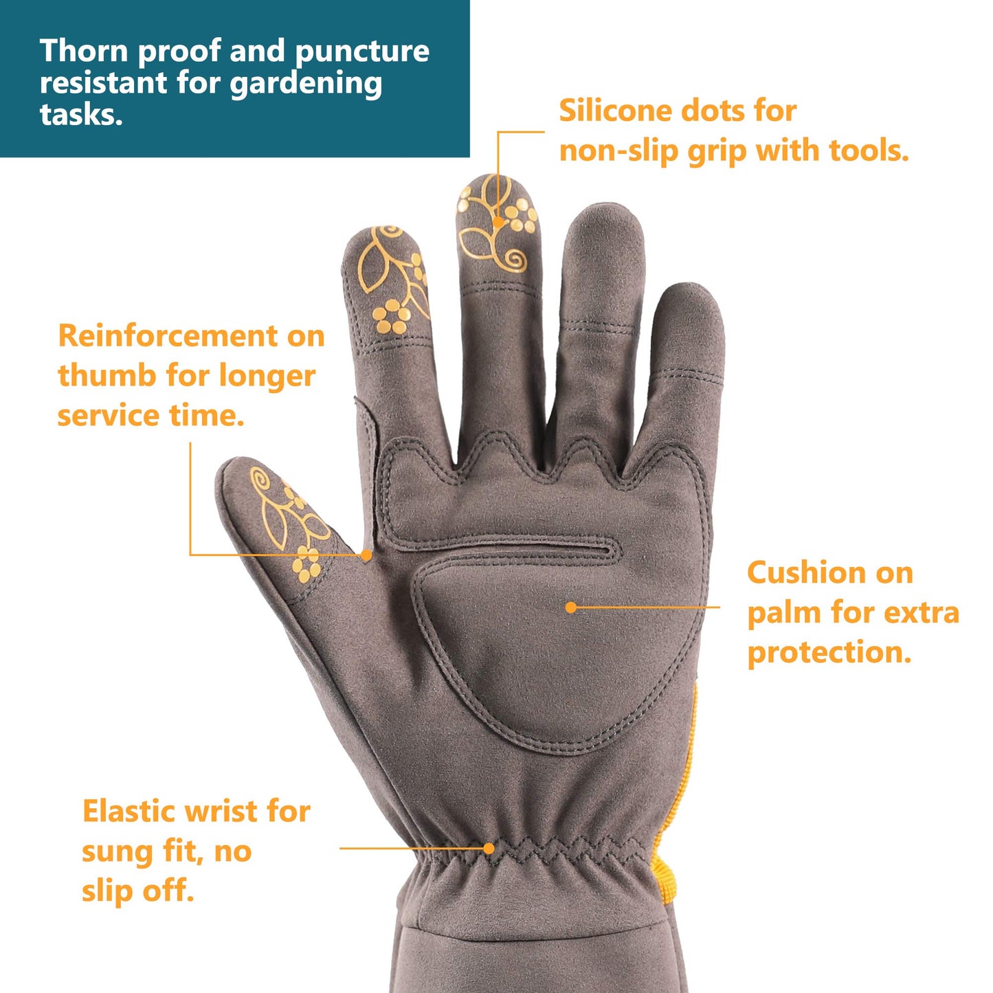 COOLJOB Gardening Gloves for Women and Men, Thorn Resistant Heavy Duty Garden Gloves, Long Sleeve Forearm Protection Ladies, Synthetic Leather Gauntlets for Pruning, Orange & Grey (1 Pair, Size M)