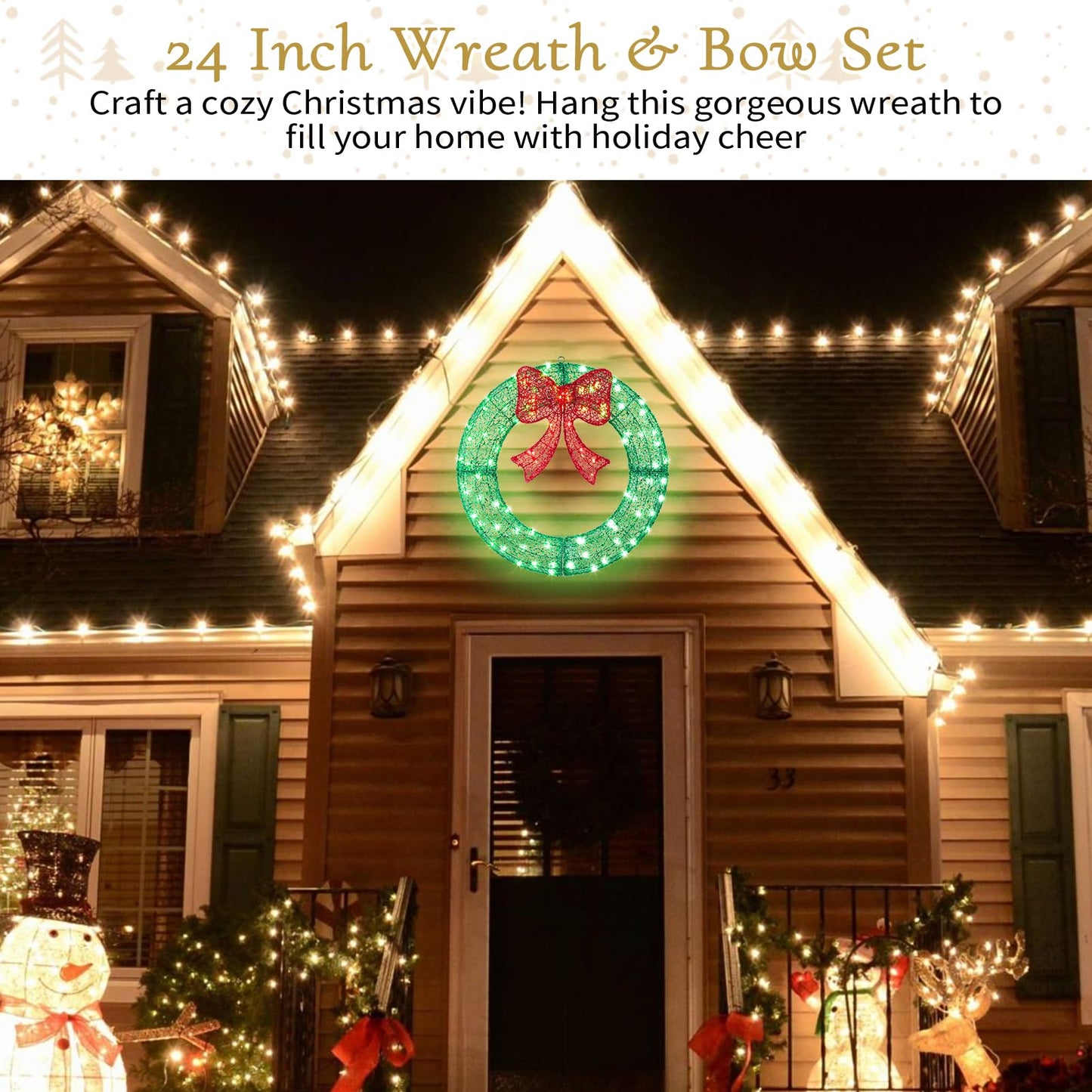 24" Pre-Lit Outdoor Christmas Wreath with 140 LED Lights and Bow, Lighted Metal Christmas Wreath Decoration with Timer Function for Xmas Home Wall Front Door Window Garage (White/Red, 24in)