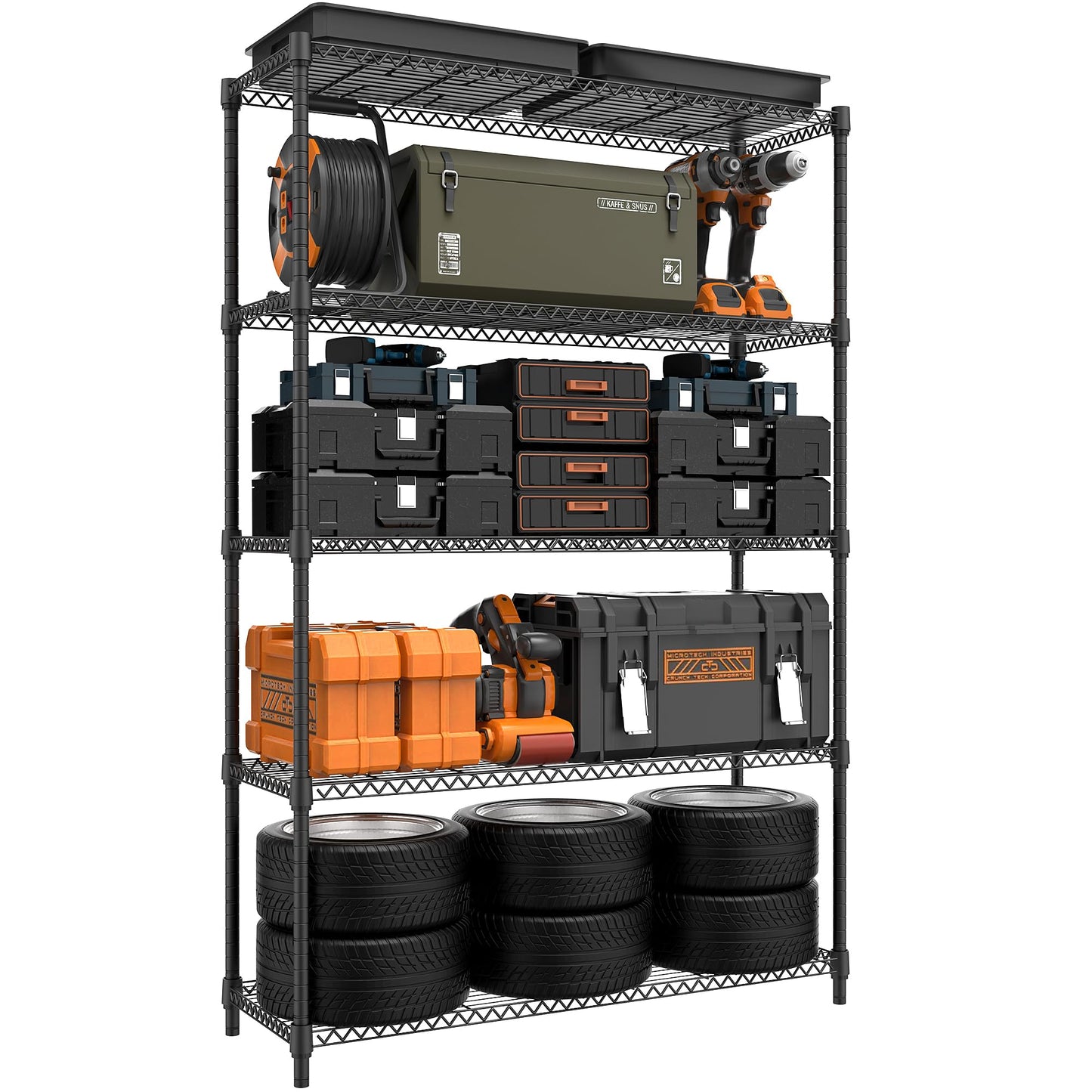 M MZG 5 Tiers Shelf Metal Storage Shelves Standing 1750 LBs Household Shelf Organizer for Kitchen Pantry Closet Garage Basement Utility Room, Black15.7 D x 45.3" W x 70.4" H