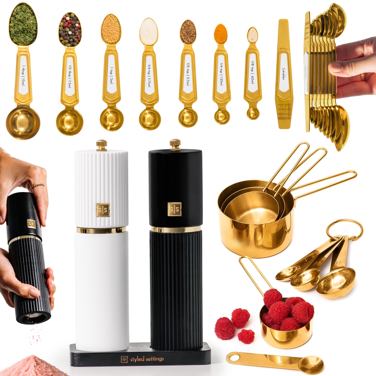 Styled Settings 19-Piece Kitchen Bundle – White and Black Salt and Pepper Grinders, Gold Measuring Cups, and Magnetic Measuring Spoons for Stylish and Functional Kitchens
