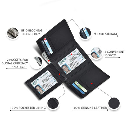 Black Leather Wallets | Trifold | 9 Credit Card Slots | Travel Friendly | RFID Blocking | 2 ID Slots