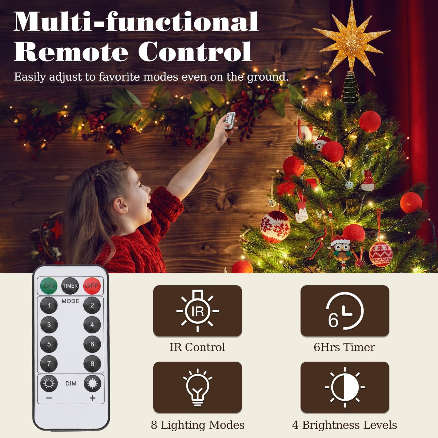 Lewondr Christmas Tree Topper Star, 13inch Xmas Tree Topper with LED Light Beads, Remote & USB Operated 10-Point Star Treetop for Home Christmas Decoration, 6H Timer & 8 Lighting Modes, Gold