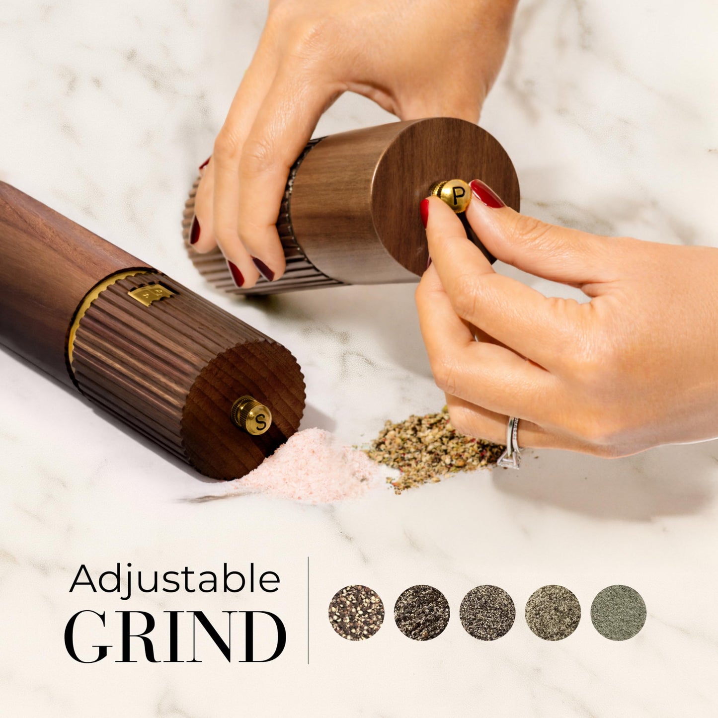 Wooden Salt and Pepper Grinder Set – Refillable Manual Salt and Pepper Mills with Adjustable Ceramic Burrs, Gold Detailing, and Wood Stand – Dark Wood