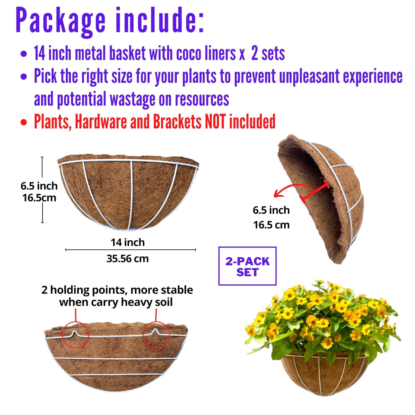 LaLaGreen Large Wall Planters Outdoor, 2 Pack, 14 Inch Wall Hanging White Metal Wire Pot with Coco Liner, Wall Mount Flower Basket Outside Fence Railing Plant Holder Patio Deck Porch Balcony Garden