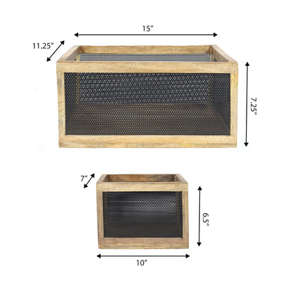 happimess BSK3005B-3SET Fallon Modern Minimalist Wooden Metal Nesting Storage Baskets for Shelves, Cabinets, Pantry, Countertop, Mesh Open Bin Basket for Organizing Supplies, Black/Natural (Set of 3)
