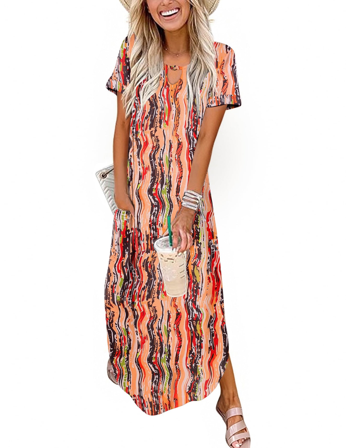 Zeagoo Womens Maxi Summer Dress with Pockets Casual Short Sleeve Sundress Trendy 2025 Curve Hem Long Dresss