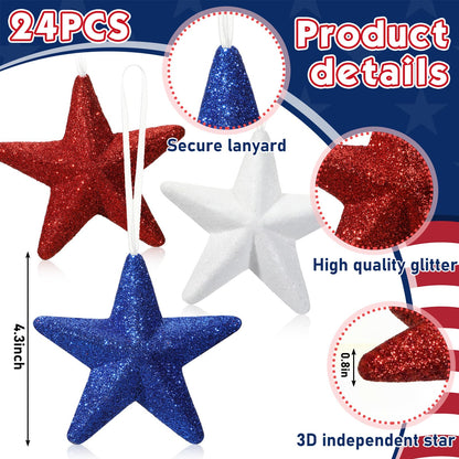 24 Pcs 4th of July Large Star Ornaments, 4.3 Inch Patriotic Hanging Glitter Star Red White Blue Tree Decor for Independence Day, 250th Anniversary, Memorial Day Home Party Decor