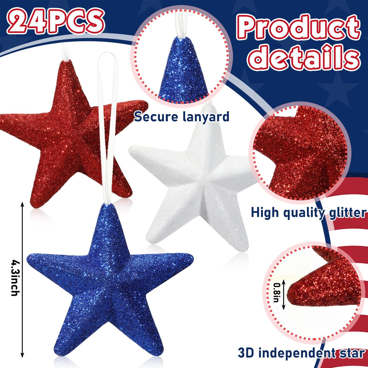 24 Pcs 4th of July Large Star Ornaments, 4.3 Inch Patriotic Hanging Glitter Star Red White Blue Tree Decor for Independence Day, 250th Anniversary, Memorial Day Home Party Decor