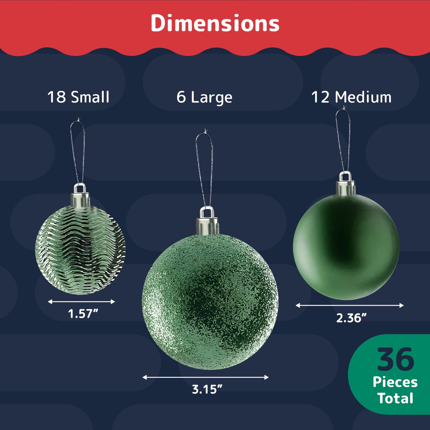 Prextex Christmas Tree Ornaments - Emerald Green Christmas Ball Ornaments Set for Christmas, Holiday, Wreath & Party Decorations (36 pcs - Small, Medium, Large) Shatterproof, 3 Size Combo