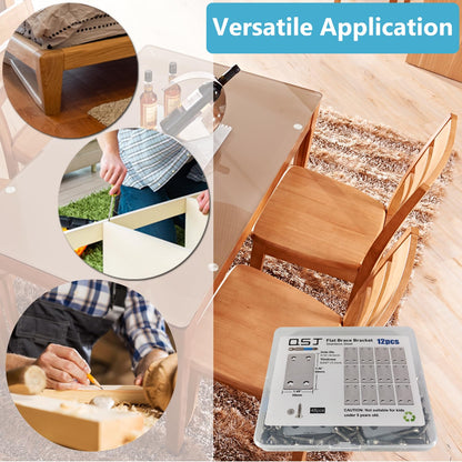 QSJ 12 Pack Flat Mending Plate, Metal Bracket, Stainless Steel Brace 2.36 x 1.49'', Fixing Joining Plate for Wood with 48PCS Screws, 1x Screwdriver., Black, QSJ-03