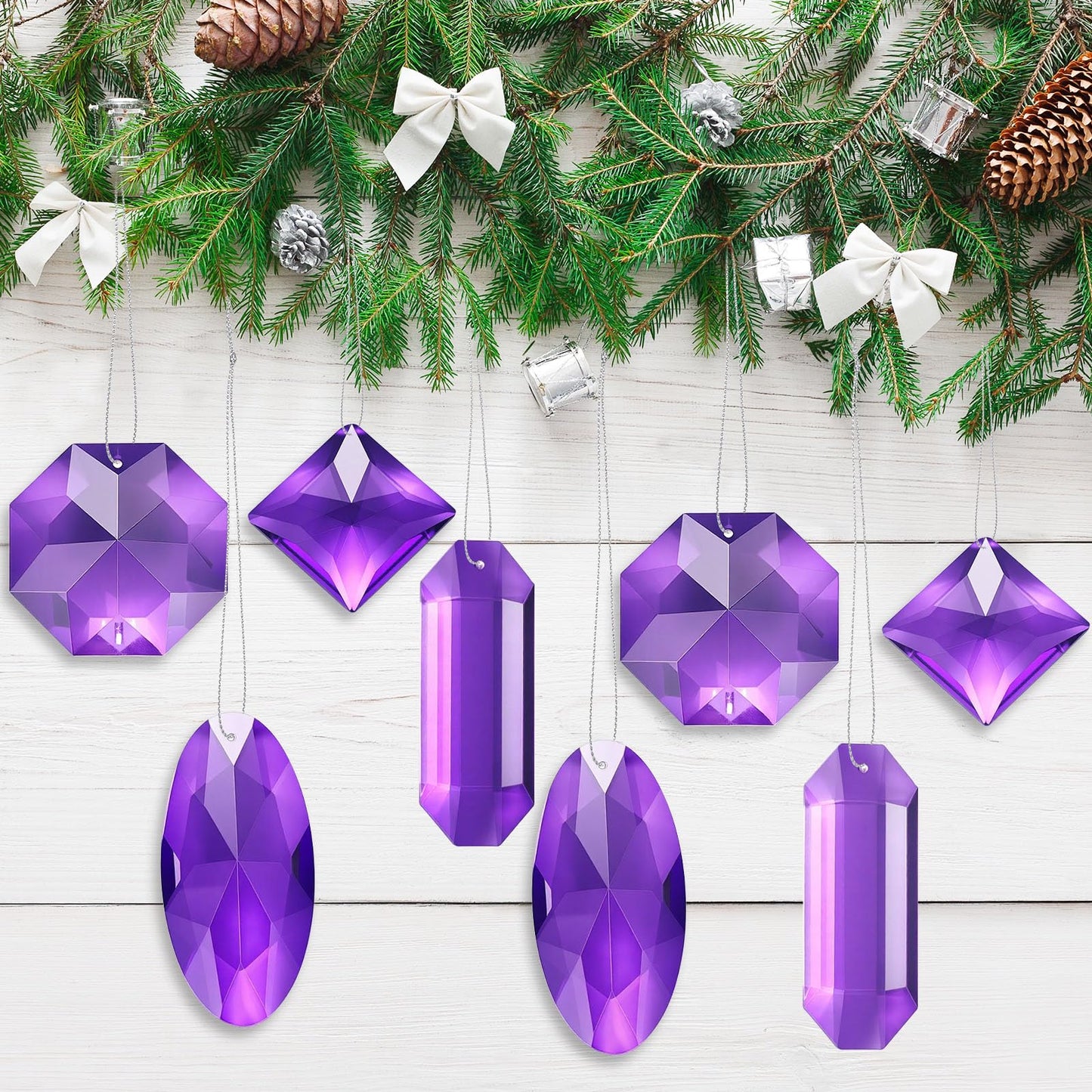 Simgoing 8 Pack Jewel Ornaments 1.2" - 3.5" Crystal Jewel Hanging Decorations for Christmas Tree Glitter Gemstone Ornaments Rectangle Square Oval Rhombus for Home Wedding & Holiday Party Decor(Purple)
