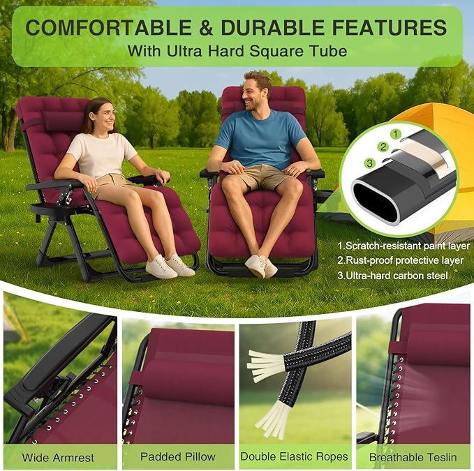 Suteck Zero Gravity Chair, Reclining Camping Lounge Chair w/Removable Cushion, Upgraded Lock and Cup Holder, Reclining Patio Chairs Folding Recliner for Indoor and Outdoor, Claret