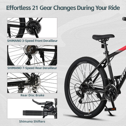 AVASTA 27.5-inch Mountain Bike for Man Male and Woman Female Adult with Lightweight Aluminum Alloy Frame and Dual Disc Brakes,Front Suspension,21-Speed Gear Shifters,Hidden Brake Cables,Red