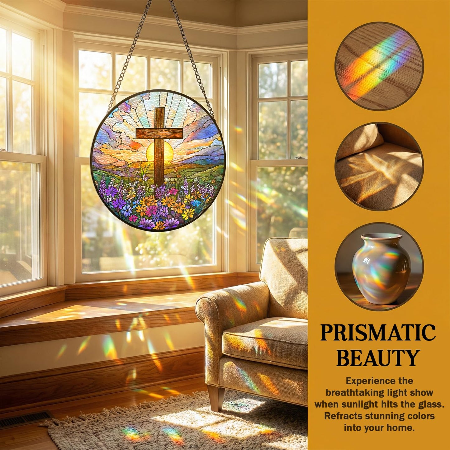 Stained Glass Window Hanging Decor,Cross Wildflowers Sun Catcher,Cross Suncatcher for Window, Stained Glass Hanging Ornament for Christian Easter,Religious Gift for Women Men 8 inch(Cross01)
