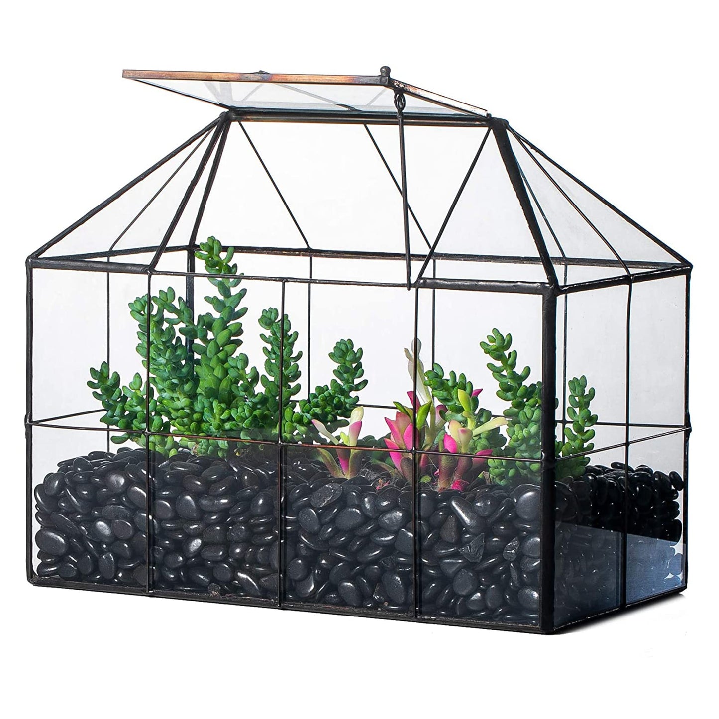 NCYP Glass Terrarium Planter with Lid for Small Succulent Plants, Grid House Shape Black Geometric Terrarium Pot, Home Garden Indoor Tabletop Decor, 9.84" x 5.31" x 7.87" (No Plants)