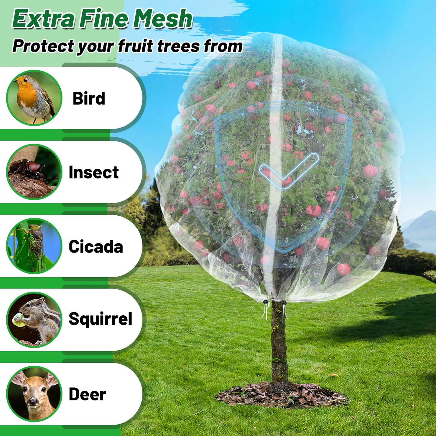 Easy Installation Fruit Tree Netting with Zipper & Drawstring - 8.2x6.6ft Ultra Fine Mesh Garden Protection Screen to Protect Pear Peach Apple from Bird Insect Bug Cicada Deer Squirrel