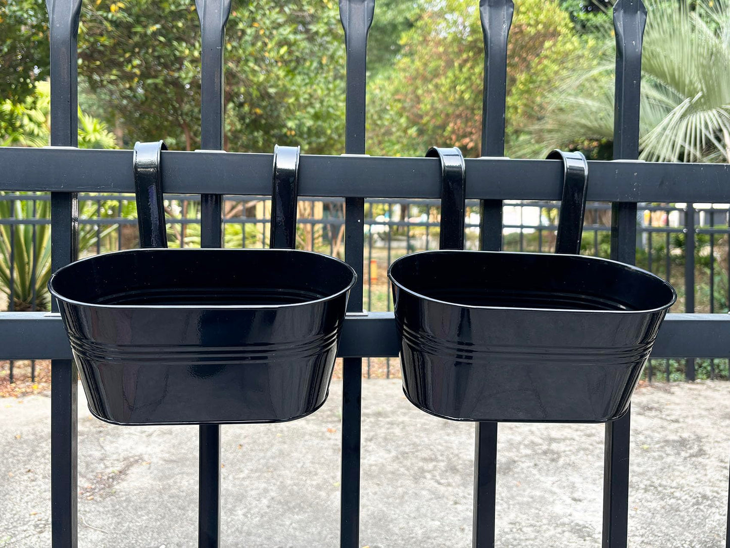Joyfernal 12" Balcony Railing Planters, Outdoor Hanging Planter for Fence, Stylish Metal Porch Deck Flower Pot for Herbs & Succulents (Black, Pack of 6)
