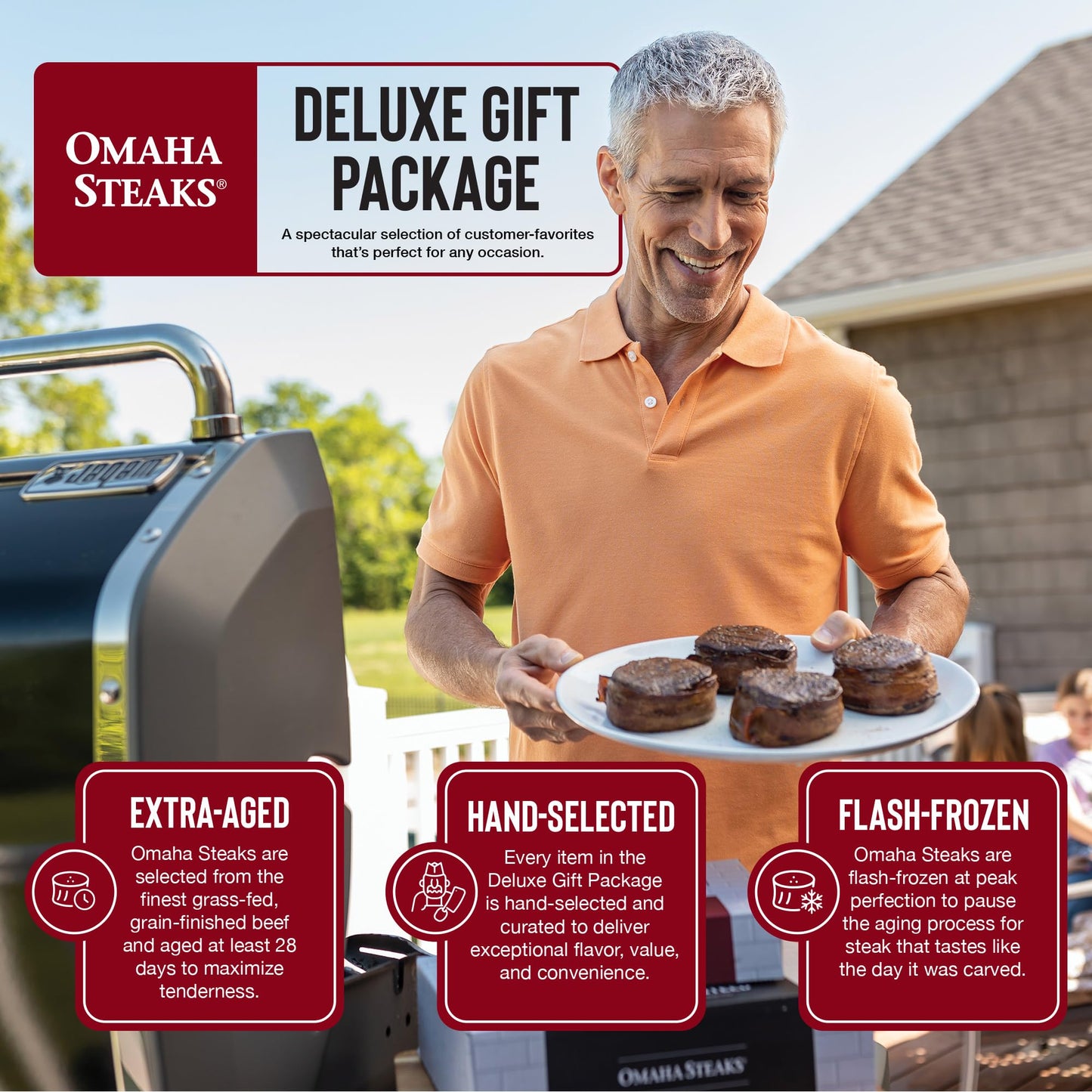 Omaha Steaks Deluxe Gift Package (4 Bacon-Wrapped Filet Mignons, 4 Steak Burgers, 4 Gourmet Jumbo Franks, 4 Au Gratin Potatoes, 4 Caramel Apple Tartlets, 1 jar Omaha Steaks Seasoning)