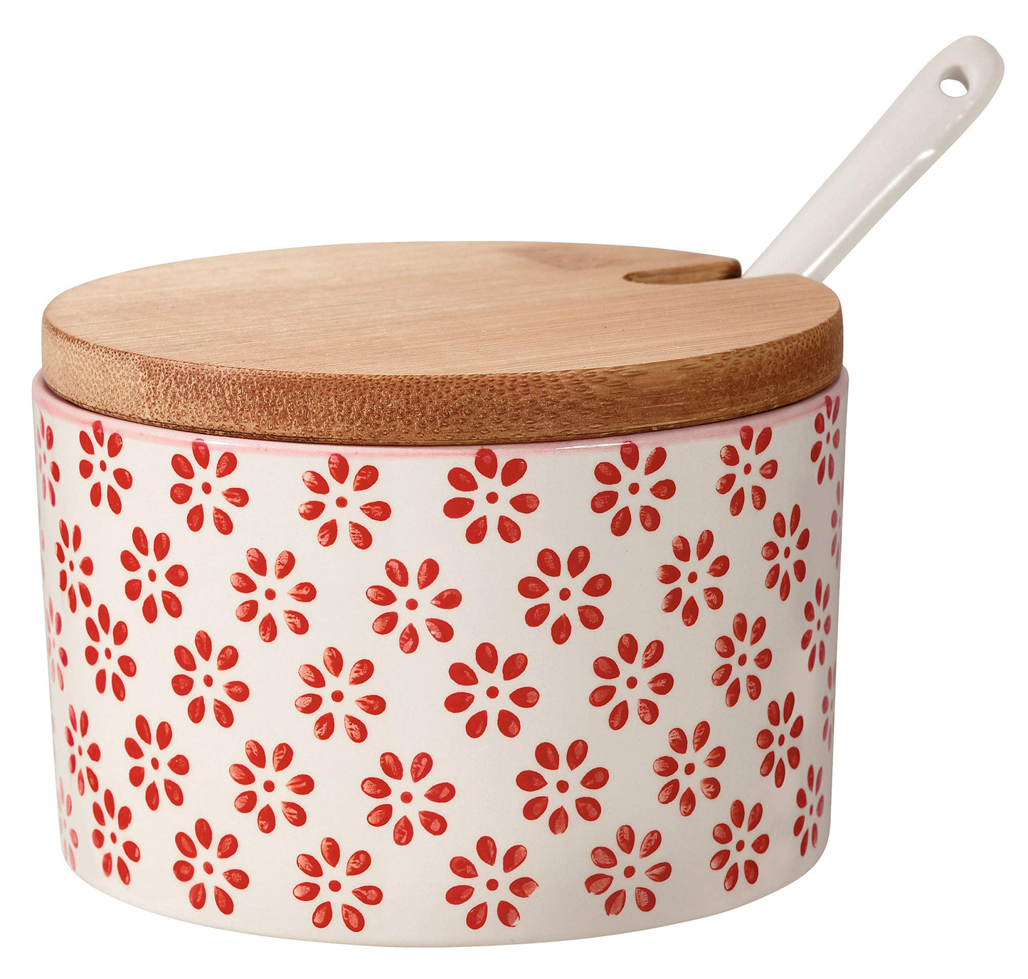 Bloomingville Ceramic Sugar Bowl with Bamboo Lid and Spoon Susie - Stoneware Jar for Salt, Jam, Mustard - Red - Dia 4'' H 2.75'' - 8.75 fl oz Capacity