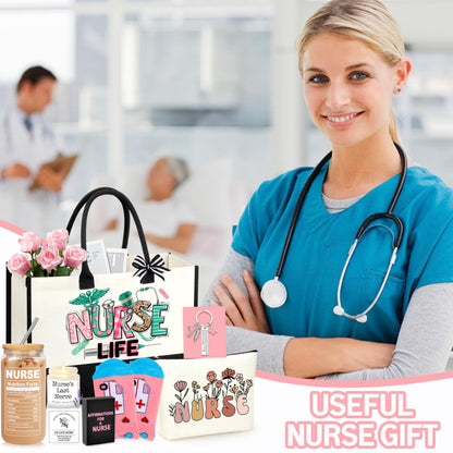 DOGMEM Nurse Gifts Nurse Appreciation Gift Set for Women Birthday Gift for Nurses Week Nurses Graduation Gifts for Her, Nursing Student with Canvas Bag Socks Affirmations Cards 16 Oz Can Glass