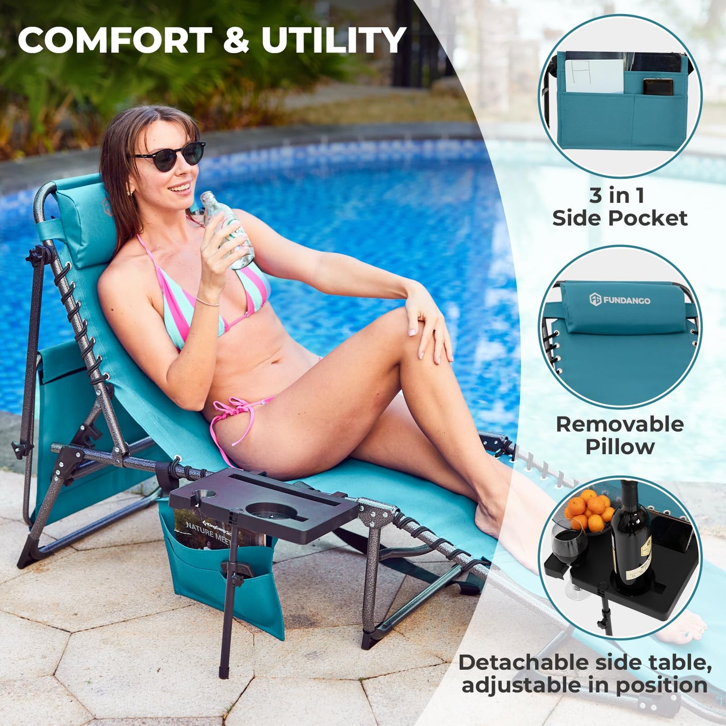 FUNDANGO 4 in 1 Tanning Chair with Face Hole, Beach Lounge Chair with Canopy Shade & Side Table Chaise Lounge Chairs for Patio, Pool, Lawn, Sunbathing, 5-Position Adjustable Sun Lounger, Cyan
