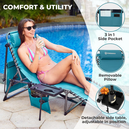 FUNDANGO 4 in 1 Tanning Chair with Face Hole, Beach Lounge Chair with Canopy Shade & Side Table Chaise Lounge Chairs for Patio, Pool, Lawn, Sunbathing, 5-Position Adjustable Sun Lounger, Cyan