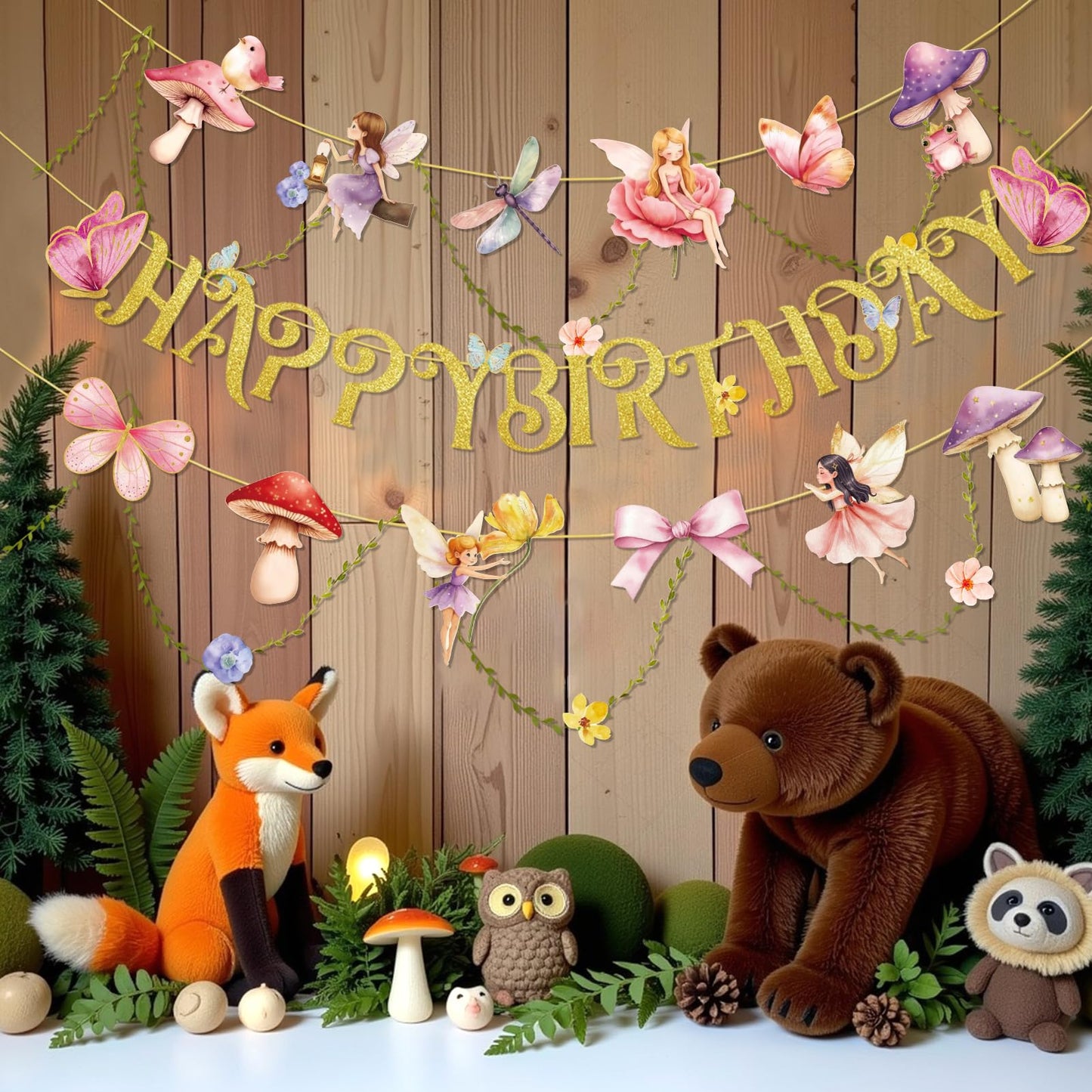 Paper Jazz Fairy Birthday Banner with Butterfly Fairy Party Decorations Mushroom Decor Fabric Vines Paper Garlands Decorations for Birthday,Garden Tea Party,Baby Shower.